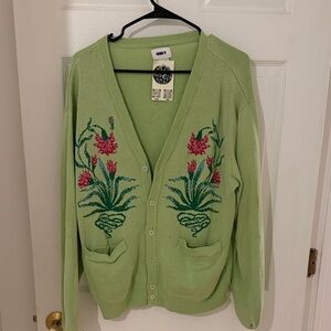 Obey Light Green Cardigan with Pink Floral Design